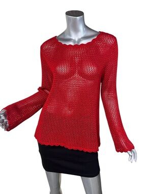 Relativity Women’s Medium Red Open Knit Boho Sweater Flare Sleeve Blouse